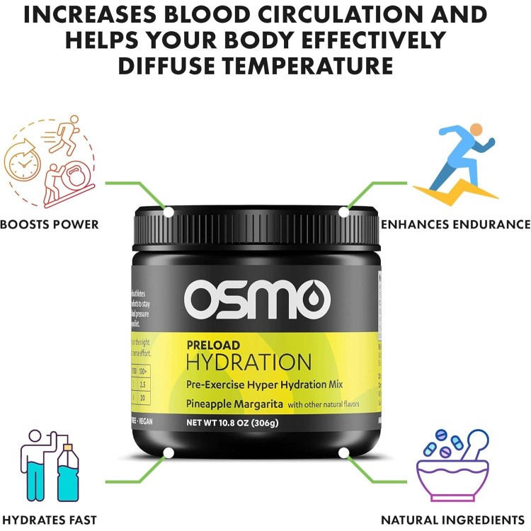 Osmo Preload Hydration Pre Workout Powder - Includes High Sodium Bicarbonate, Magnesium, Potassium, Carbs & Vitamins, Cane Sugar, Natural Ingredients, Beat Cramps & Dehydration - Pineapple Margarita