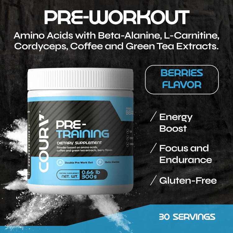 COURA Pre Workout Berries Flavor 300g - 10.5 Ounces - Protein Powder - Energy Boost - Supports Focus and Endurance - Cordyceps - Ideal for Athletes - Gluten-Free