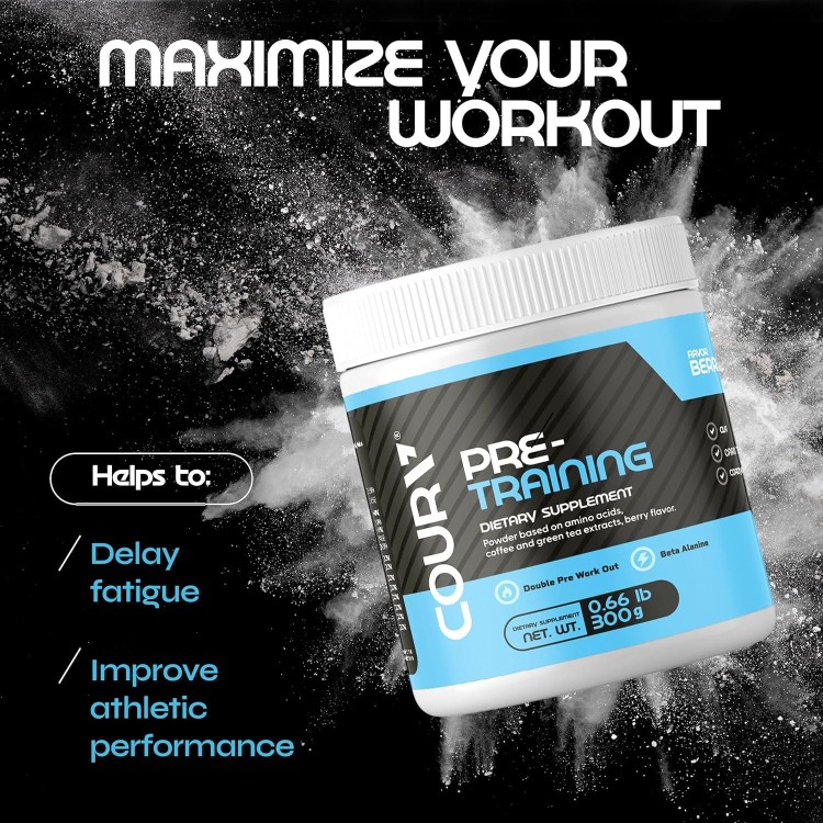 COURA Pre Workout Berries Flavor 300g - 10.5 Ounces - Protein Powder - Energy Boost - Supports Focus and Endurance - Cordyceps - Ideal for Athletes - Gluten-Free