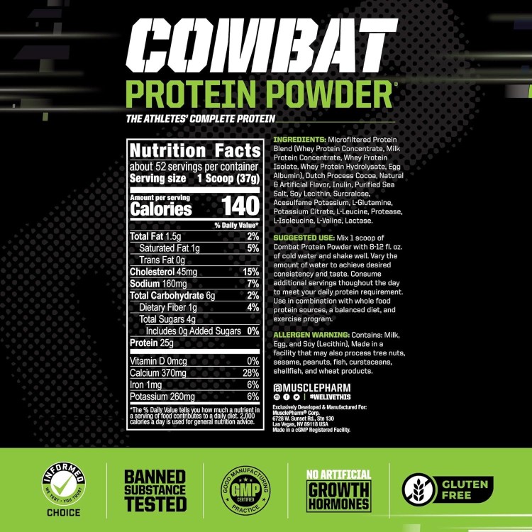 MusclePharm Combat Protein Powder, Chocolate Milk Flavor, Fuels Muscles for Productive Workouts, 5 Protein Sources Including Whey Protein Isolate & Egg Albumin, Gluten Free, 4 lb, 52 Servings