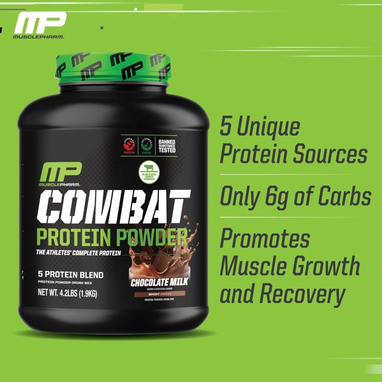 MusclePharm Combat Protein Powder, Chocolate Milk Flavor, Fuels Muscles for Productive Workouts, 5 Protein Sources Including Whey Protein Isolate & Egg Albumin, Gluten Free, 4 lb, 52 Servings