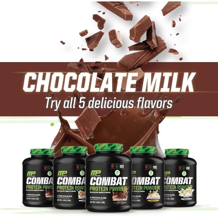 MusclePharm Combat Protein Powder, Chocolate Milk Flavor, Fuels Muscles for Productive Workouts, 5 Protein Sources Including Whey Protein Isolate & Egg Albumin, Gluten Free, 4 lb, 52 Servings