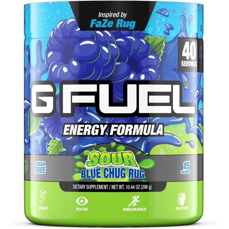 G Fuel Faze Rug Energy Powder, Sugar Free, Clean Caffeine Focus Supplement, Water Mix, Sour Blue Raspberry Flavor, with Focus Amino, Vitamin + Antioxidants Blend - 10.44 oz (40 Servings)