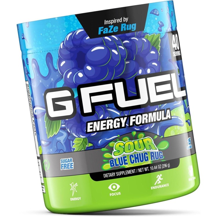 G Fuel Faze Rug Energy Powder, Sugar Free, Clean Caffeine Focus Supplement, Water Mix, Sour Blue Raspberry Flavor, with Focus Amino, Vitamin + Antioxidants Blend - 10.44 oz (40 Servings)