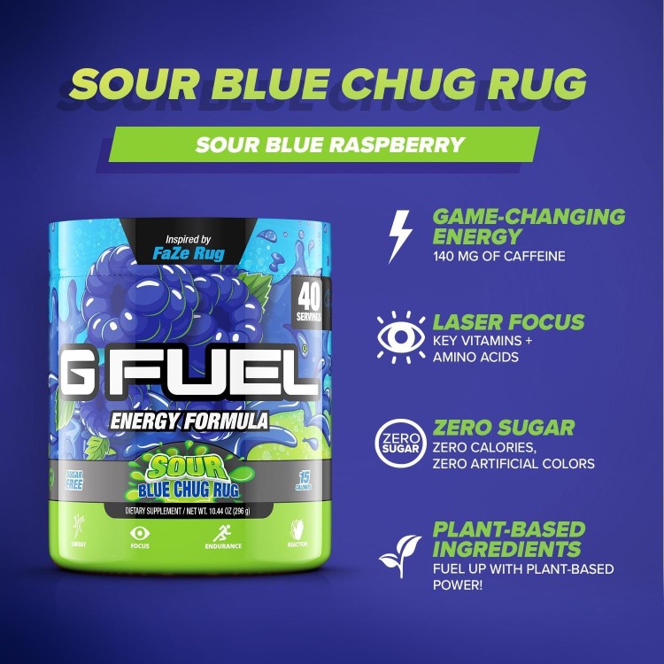 G Fuel Faze Rug Energy Powder, Sugar Free, Clean Caffeine Focus Supplement, Water Mix, Sour Blue Raspberry Flavor, with Focus Amino, Vitamin + Antioxidants Blend - 10.44 oz (40 Servings)