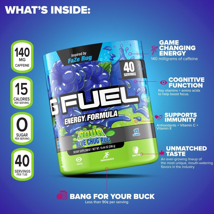 G Fuel Faze Rug Energy Powder, Sugar Free, Clean Caffeine Focus Supplement, Water Mix, Sour Blue Raspberry Flavor, with Focus Amino, Vitamin + Antioxidants Blend - 10.44 oz (40 Servings)