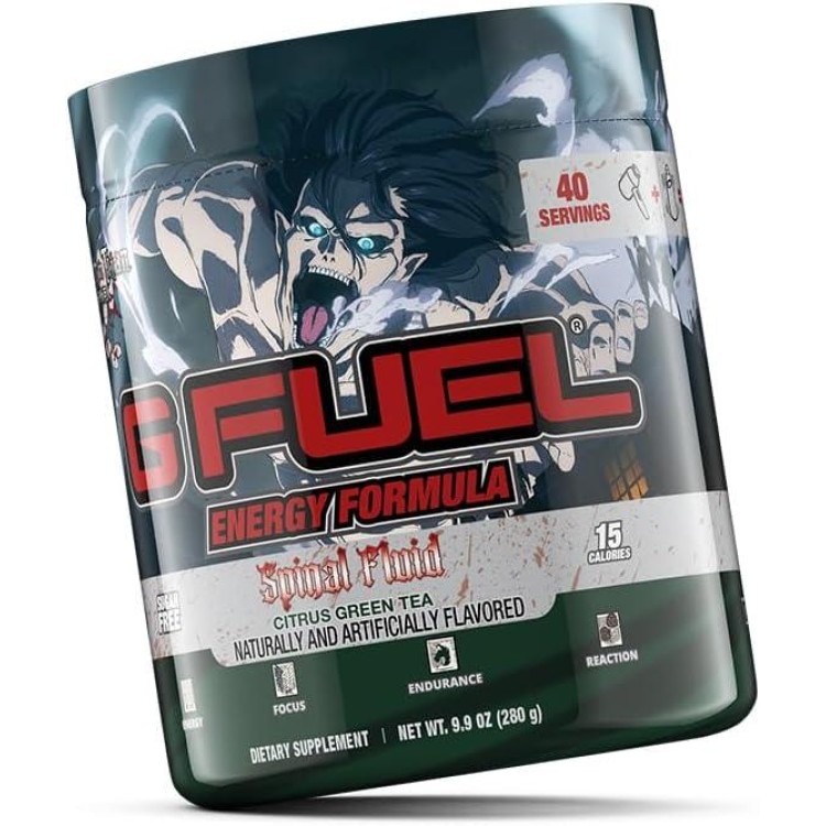 G Fuel Attack on Titan Energy Powder, Sugar Free, Clean Caffeine Focus Supplement, Water Mix, Citrus Green Tea Flavor, Focus Amino, Vitamin + Antioxidants Blend - 9.9 oz (40 Servings)