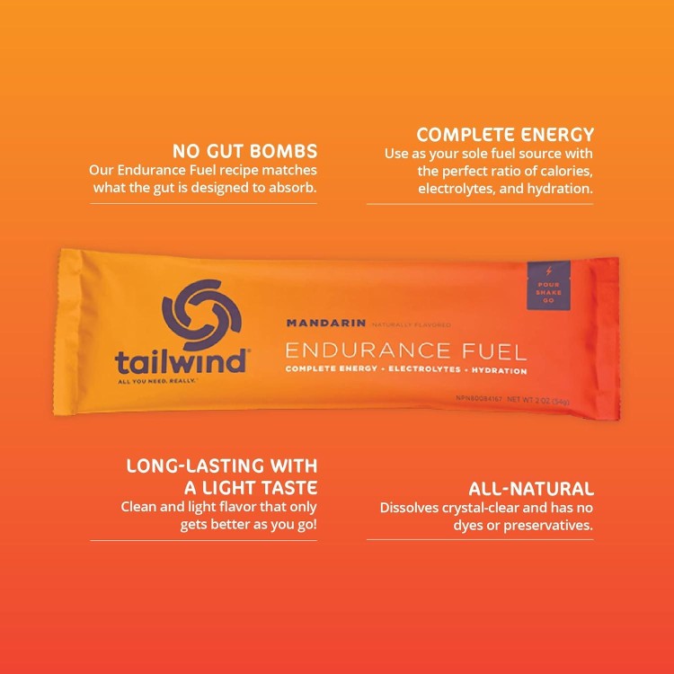 Tailwind Nutrition Endurance Fuel, Sports Drink Powder Single Serving with Electrolytes, Non-GMO, Free of Soy, Dairy, and Gluten, Vegan-Friendly, Mandarin Orange, Pack of 12