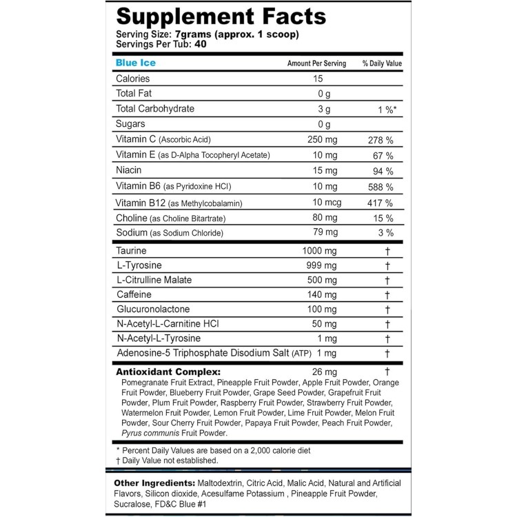 G Fuel Blue Ice Energy Powder, Sugar Free, Clean Caffeine Focus Supplement, Blue Raspberry Flavor, Focus Amino, Vitamin + Antioxidants Blend - 9.8 oz (40 Servings)