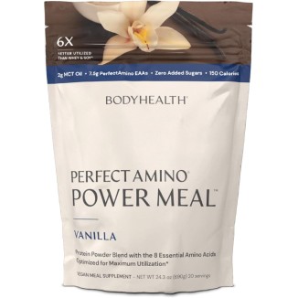 BodyHealth PerfectAmino Power Meal (Vanilla Flavor) Vegan Meal Replacement Shake, Non Dairy Protein Powder, Plant Based Meal Replacement, Organic Meal Replacement, 20 Servings, 12.5g Protein