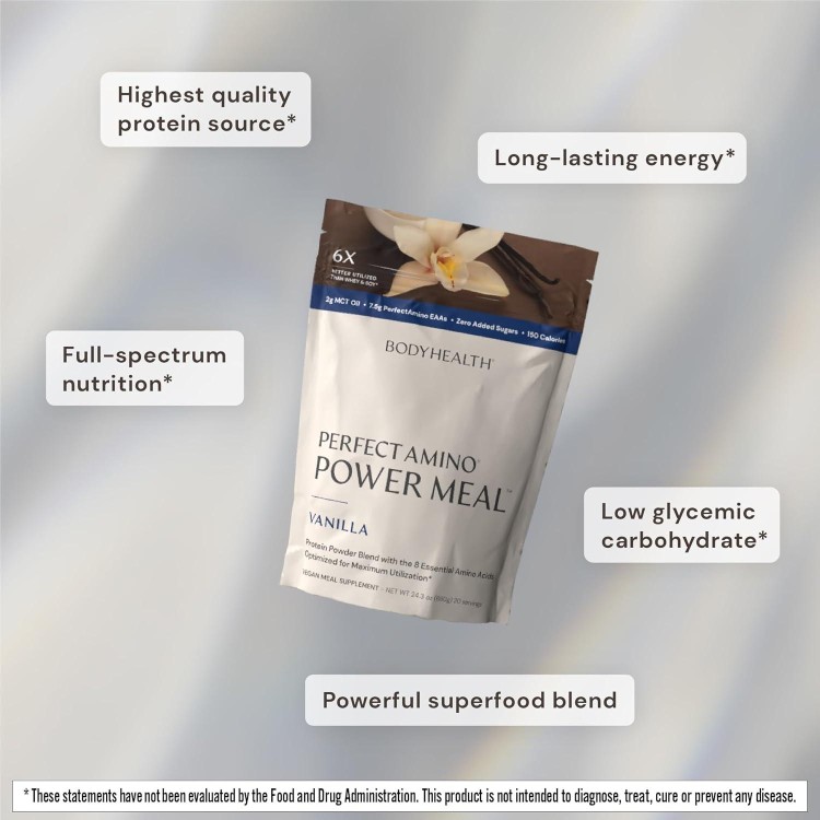 BodyHealth PerfectAmino Power Meal (Vanilla Flavor) Vegan Meal Replacement Shake, Non Dairy Protein Powder, Plant Based Meal Replacement, Organic Meal Replacement, 20 Servings, 12.5g Protein