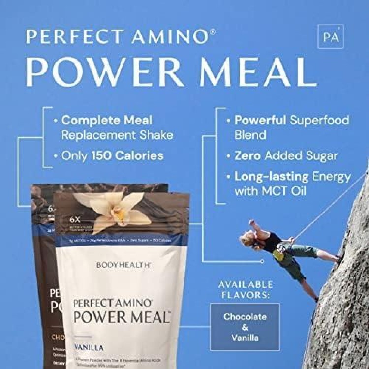 BodyHealth PerfectAmino Power Meal (Vanilla Flavor) Vegan Meal Replacement Shake, Non Dairy Protein Powder, Plant Based Meal Replacement, Organic Meal Replacement, 20 Servings, 12.5g Protein