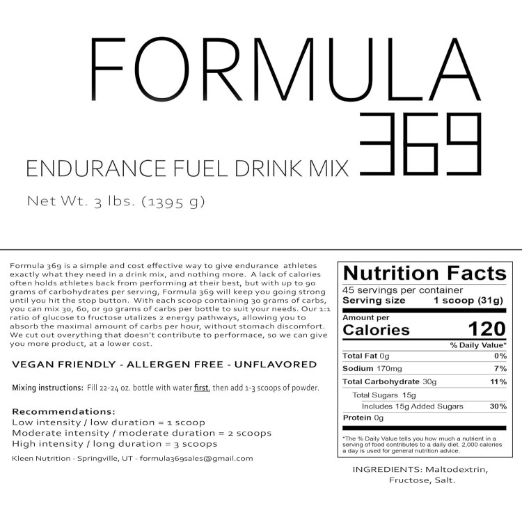 Formula 369 - High Carbohydrate Sports Fuel for Endurance Athletes, Bulk 5 Pound Bag, 73 Servings, 30g of Carbs per Scoop, for Hydration and Energy.