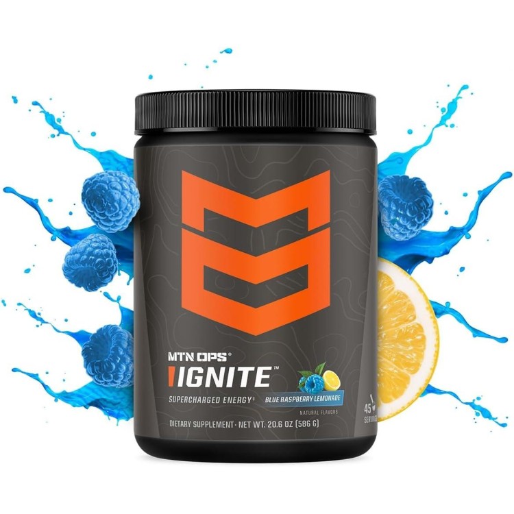 MTN OPS Ignite Supercharged Energy Drink Mix 45-Serving Tub, Blue Raspberry Lemonade