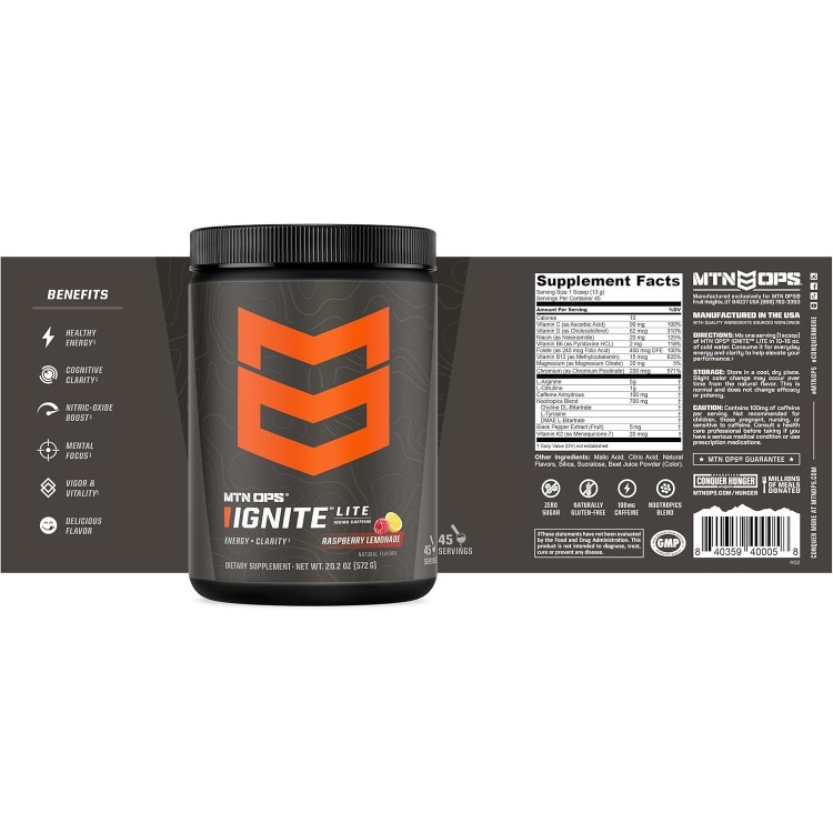 MTN OPS Ignite Supercharged Energy Drink Mix 45-Serving Tub, Blue Raspberry Lemonade