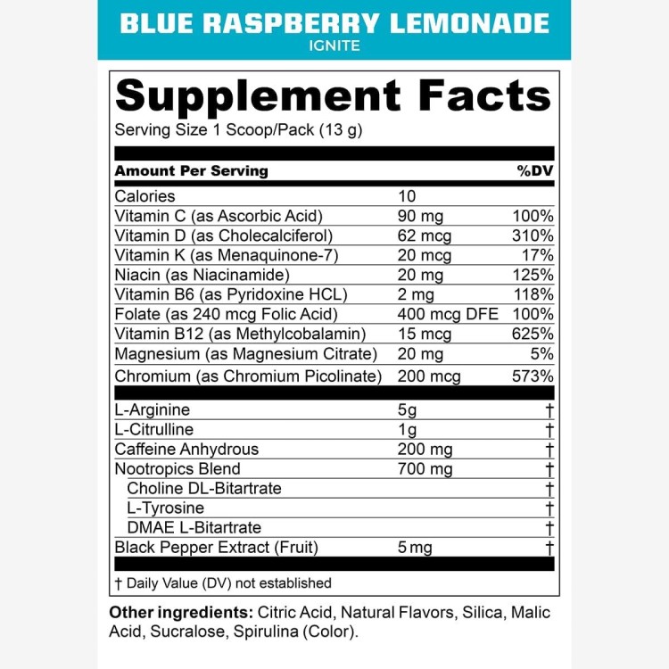 MTN OPS Ignite Supercharged Energy Drink Mix 45-Serving Tub, Blue Raspberry Lemonade