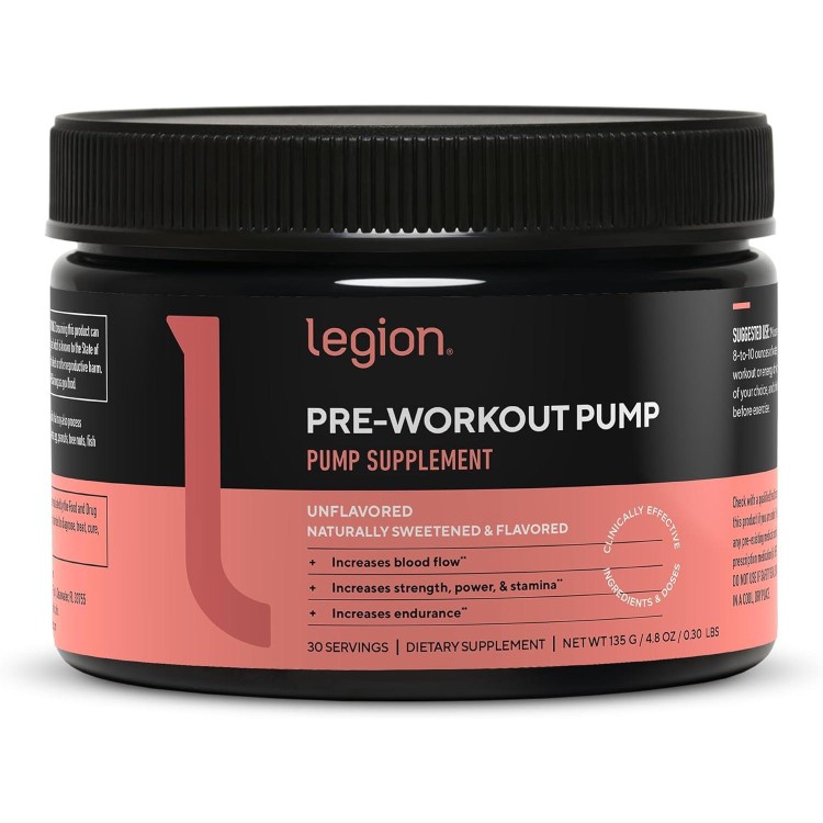 LEGION Pre Workout Pump - Arginine Supplement Boosts Nitric Oxide Production - Nitric Oxide Booster Helps Increase Strength & Stamina, Promotes Enhanced Muscular Efficiency (Unflavored, 30 Servings)