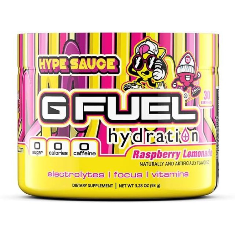 G Fuel Hype Sauce Electrolytes Powder, Water Mix for Hydration, Energy and Focus, Sugar Free, Zero Caffeine Supplement with Essential Minerals, Raspberry + Lemonade Flavor - 3.3 oz (30 Servings)