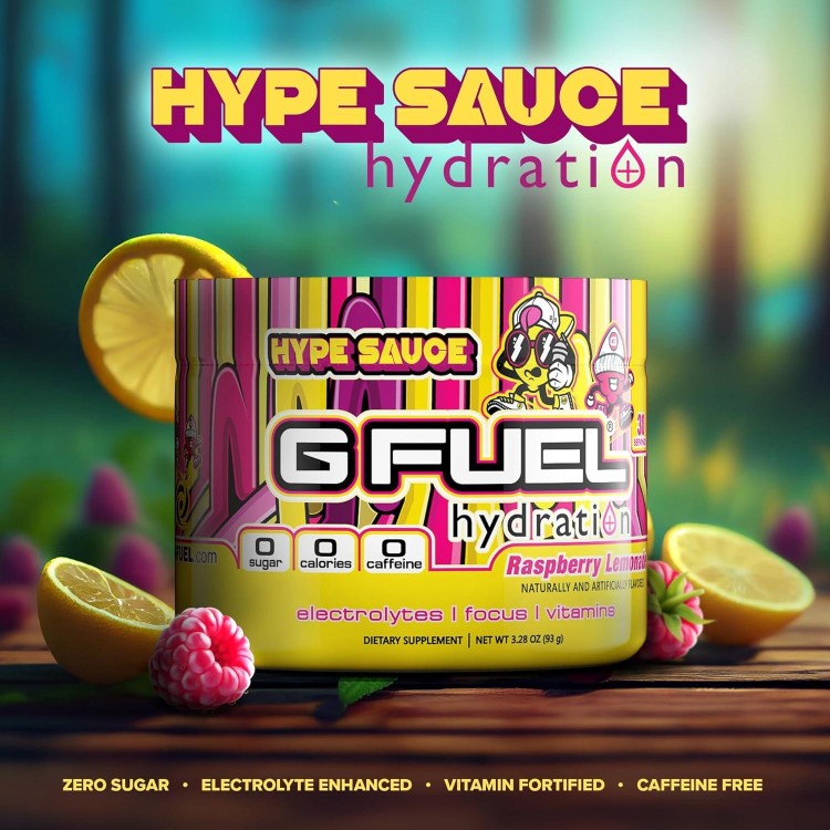 G Fuel Hype Sauce Electrolytes Powder, Water Mix for Hydration, Energy and Focus, Sugar Free, Zero Caffeine Supplement with Essential Minerals, Raspberry + Lemonade Flavor - 3.3 oz (30 Servings)