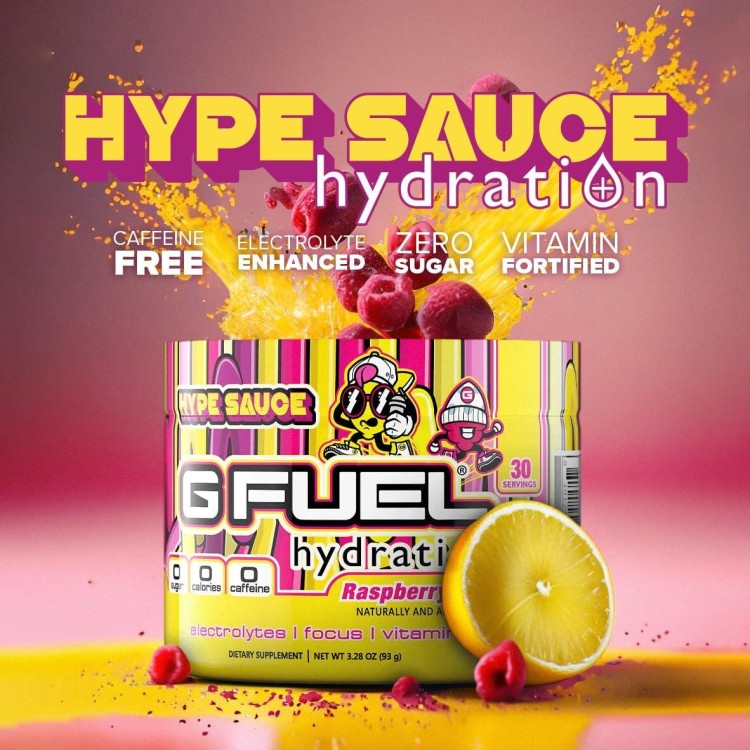 G Fuel Hype Sauce Electrolytes Powder, Water Mix for Hydration, Energy and Focus, Sugar Free, Zero Caffeine Supplement with Essential Minerals, Raspberry + Lemonade Flavor - 3.3 oz (30 Servings)