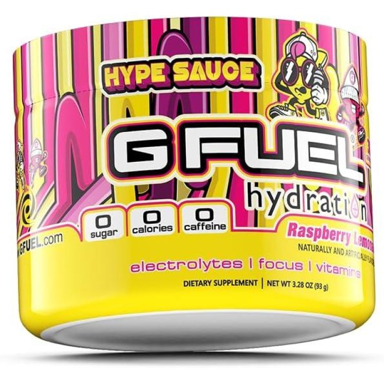 G Fuel Hype Sauce Electrolytes Powder, Water Mix for Hydration, Energy and Focus, Sugar Free, Zero Caffeine Supplement with Essential Minerals, Raspberry + Lemonade Flavor - 3.3 oz (30 Servings)