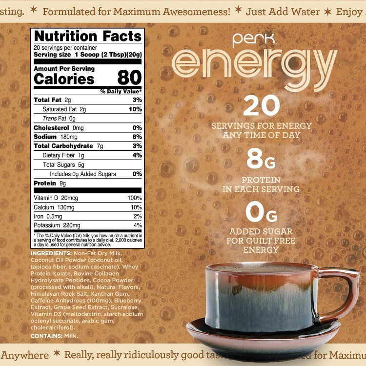 Perk Energy Original Tan Mocha Latte Flavored Drink Powder (20 Servings) - Gluten-Free, Peanut-Free, Soy-Free