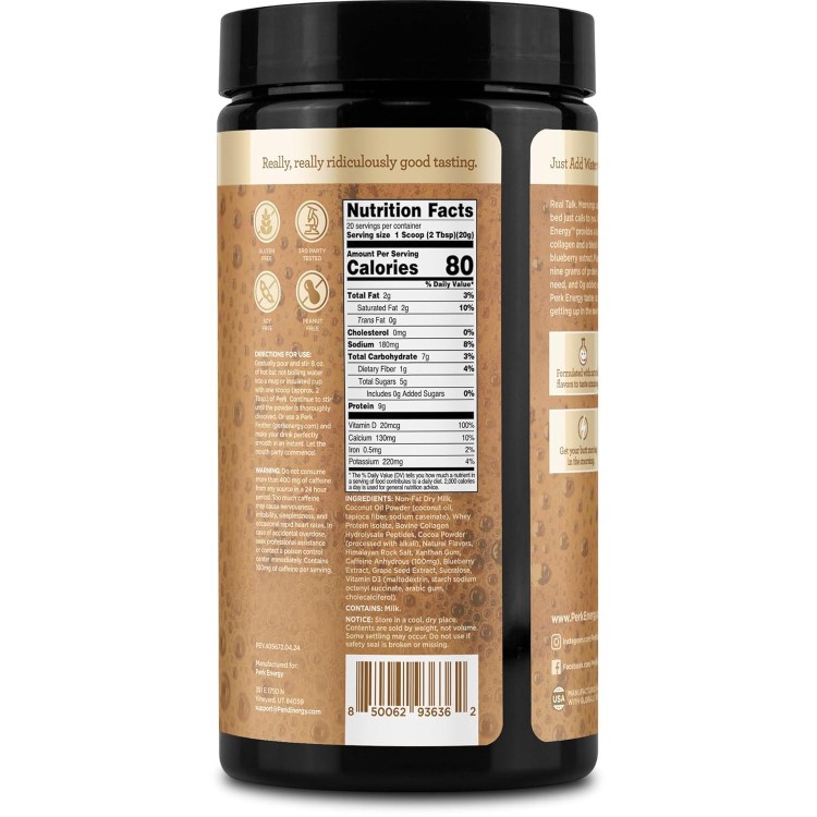 Perk Energy Original Tan Mocha Latte Flavored Drink Powder (20 Servings) - Gluten-Free, Peanut-Free, Soy-Free