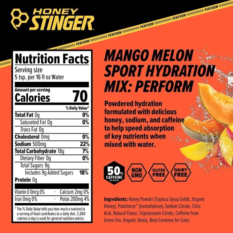 Honey Stinger Perform Sport Hydration Powder | Mango Melon Electrolyte Multiplier for Exercise, Endurance and Performance | Sports Nutrition for Home & Gym, Pre and Post Workout | 8 Serving Pouch