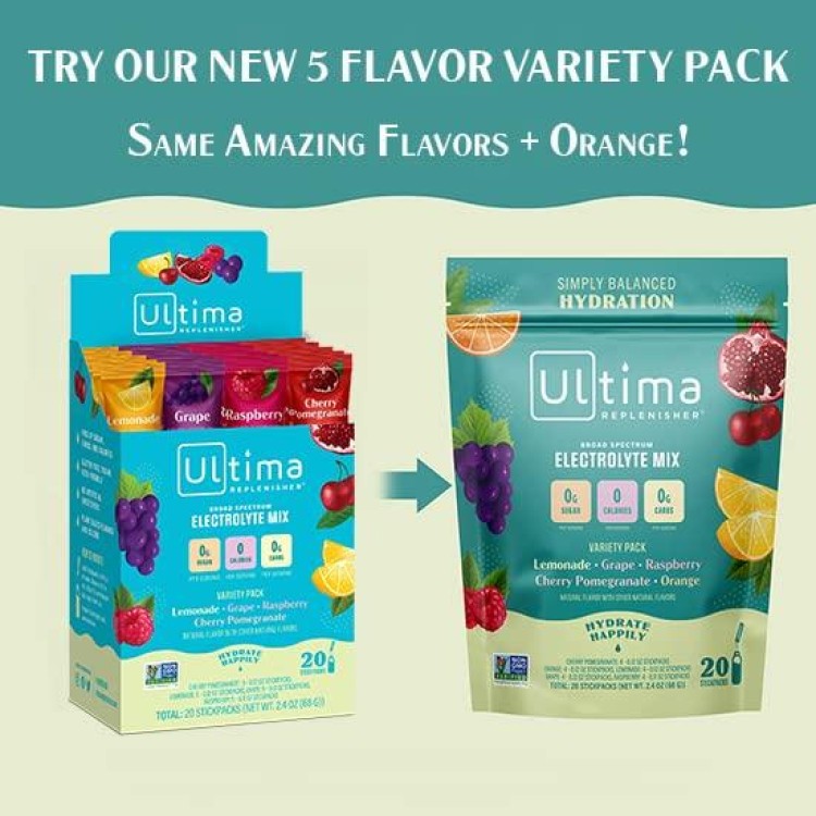 Ultima Replenisher Electrolyte Hydration Powder, Variety 4 Flavor Pack, 20 Count Stickpacks Box - Sugar Free, 0 Calories, 0 Carbs - Gluten-Free, Keto, Non-GMO with Magnesium, Potassium